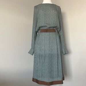 Gerard Darel Teal Brown Rhombus Geometric print Career Long Sleeve Midi Dress